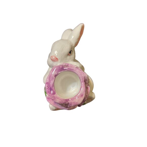Porcelain Rabbit Shaped Candle Holder Floral Detail Purple Flower 4" long Box - Picture 4 of 4